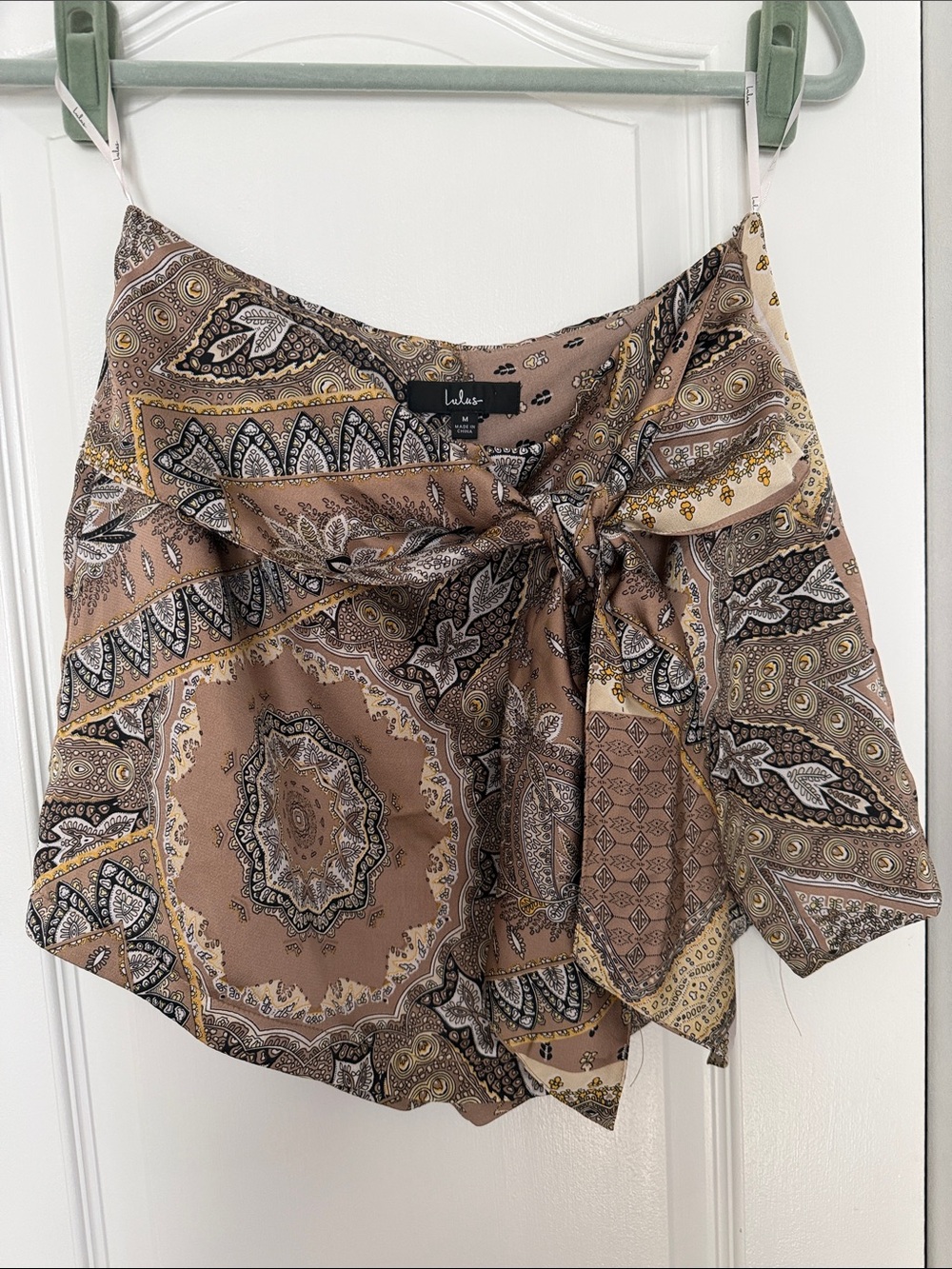 Lulu's Taupe Paisley Asymmetrical Tie-Waist Mini Skirt Skort